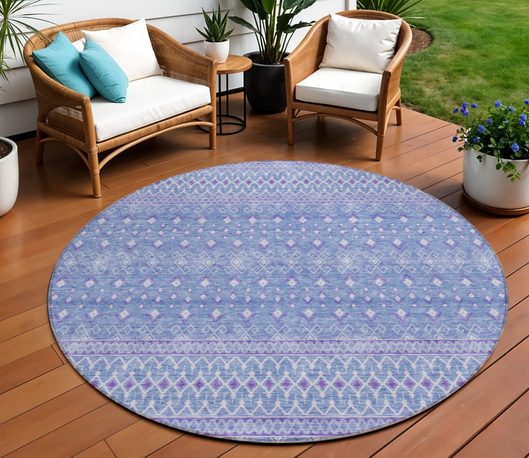 8' Sky Blue Purple And Ivory Round Tribal Washable Indoor Outdoor Area Rug