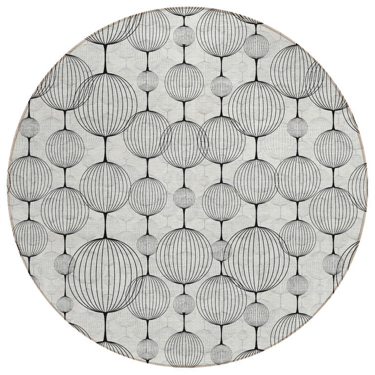 8' Graphite Gray And Silver Round Geometric Washable Indoor Outdoor Area Rug - 608219018894