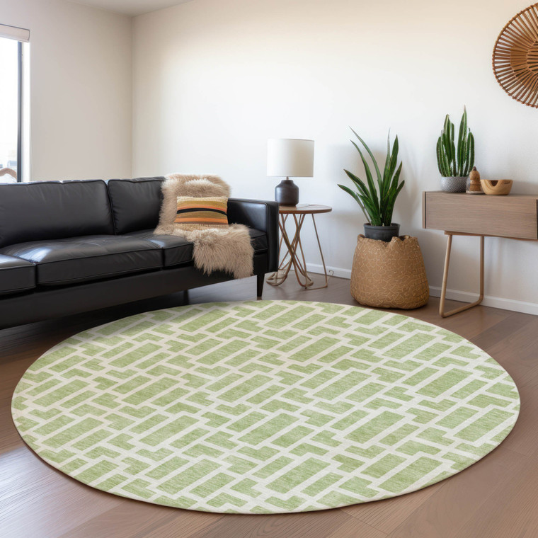 8' Artichoke Green And Ivory Round Geometric Washable Indoor Outdoor Area Rug Transitional Style - Artichoke Green, Ivory Color