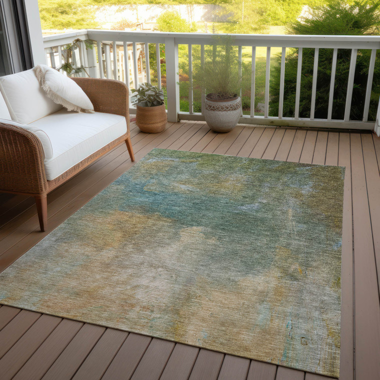 10' X 14' Artichoke Green Gray And Gold Abstract Washable Indoor Outdoor Area Rug