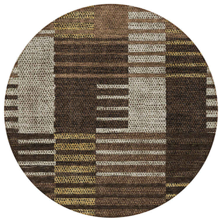 8' Chocolate Ivory And Gold Round Striped Washable Indoor Outdoor Area Rug