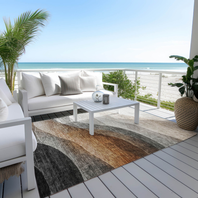 9' X 12' Khaki Black And Terra Cotta Abstract Washable Indoor Outdoor Area Rug