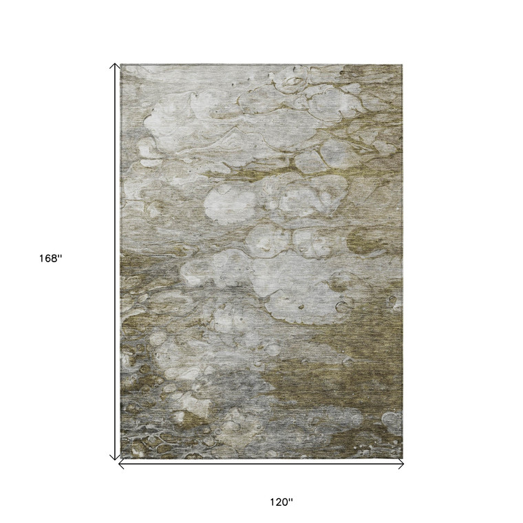 10' X 14' Brown Taupe And Ivory Abstract Washable Indoor Outdoor Area Rug