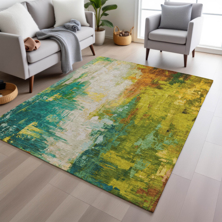 8' X 10' Green And Gold Abstract Washable Indoor Outdoor Area Rug
