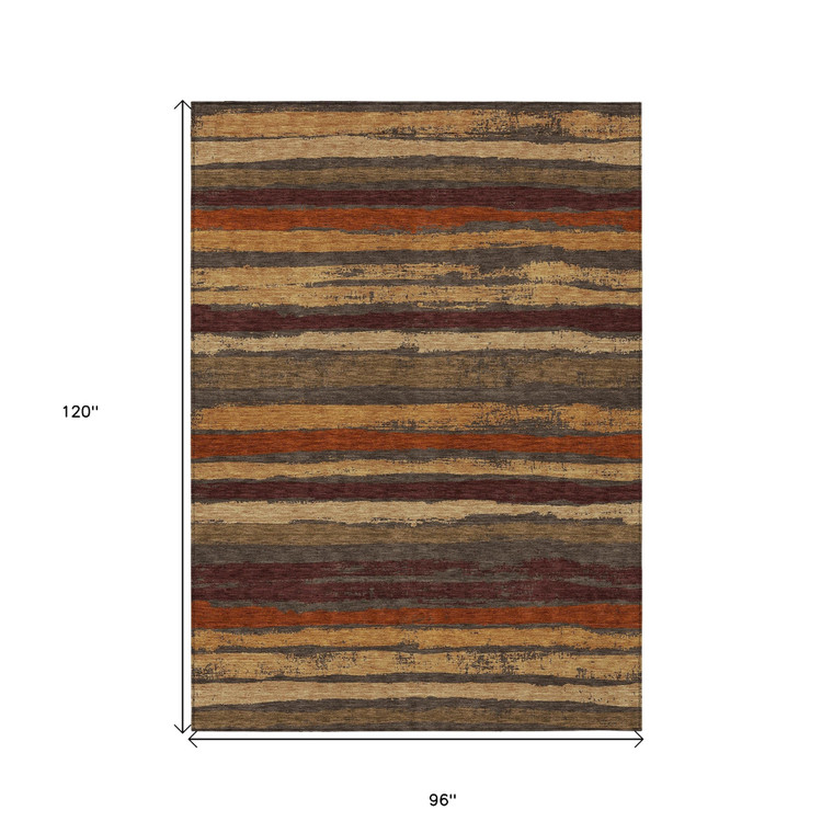 8' X 10' Chocolate Beige And Copper Striped Washable Indoor Outdoor Area Rug