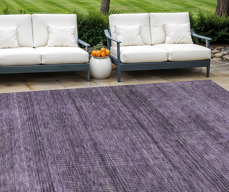 8' X 10' Plum Purple And Gray Striped Washable Indoor Outdoor Area Rug
