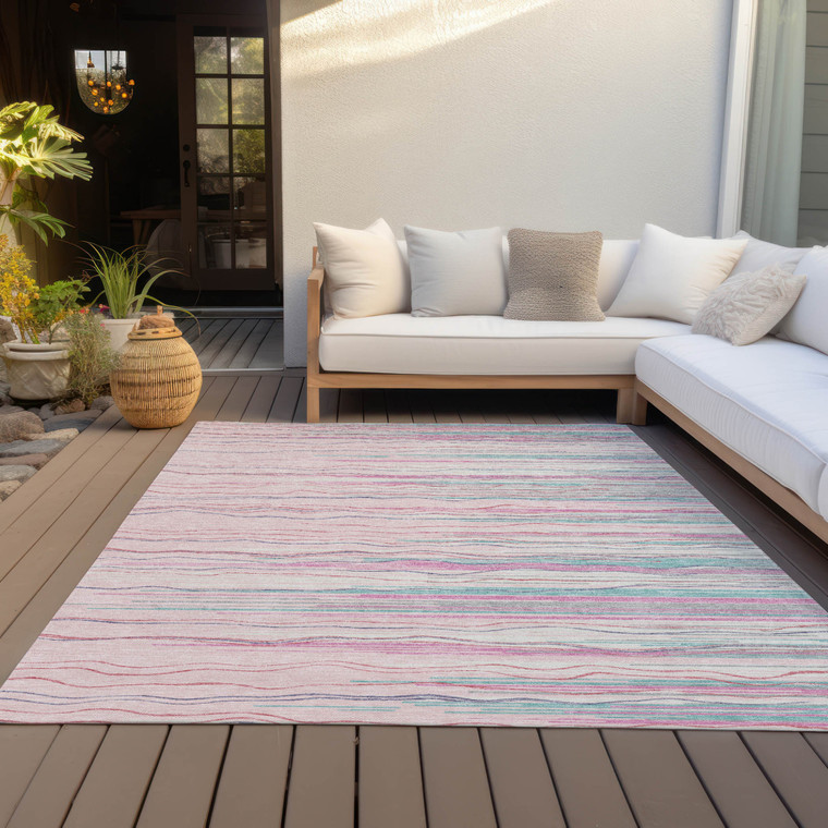 9' X 12' Pink Blue And Purple Striped Washable Indoor Outdoor Area Rug