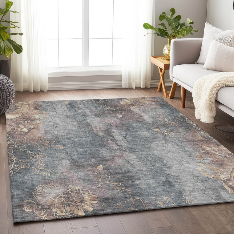 8' X 10' Gray And Beige Floral Washable Indoor Outdoor Area Rug
