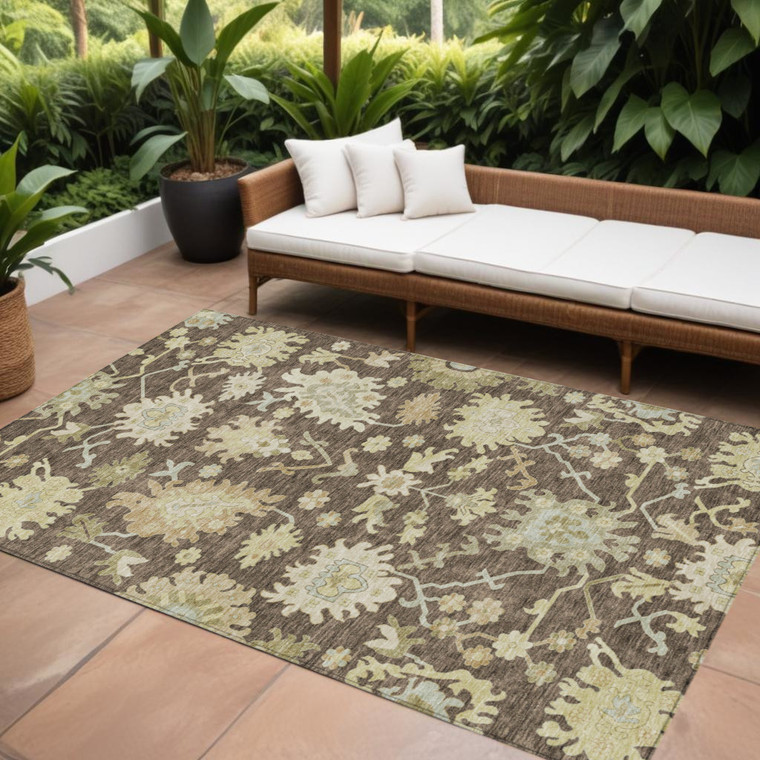 8' X 10' Chocolate And Beige Floral Washable Indoor Outdoor Area Rug - Chocolate, Beige