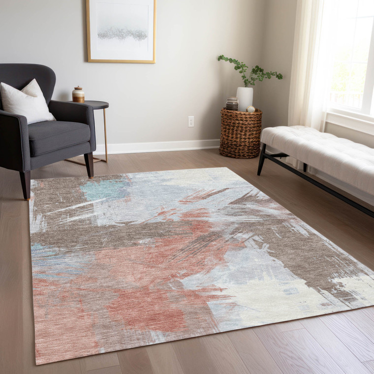 8' X 10' Taupe Copper And Ivory Abstract Washable Indoor Outdoor Area Rug