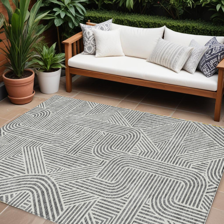 9' X 12' Gray And Ivory Abstract Washable Indoor Outdoor Area Rug - 608219371784