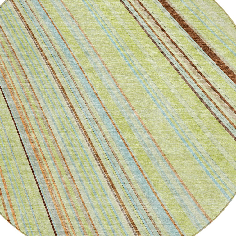 8' Sage Brown And Sky Blue Round Striped Washable Indoor Outdoor Area Rug
