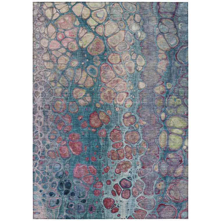 8' X 10' Teal Blue And Plum Abstract Washable Indoor Outdoor Area Rug