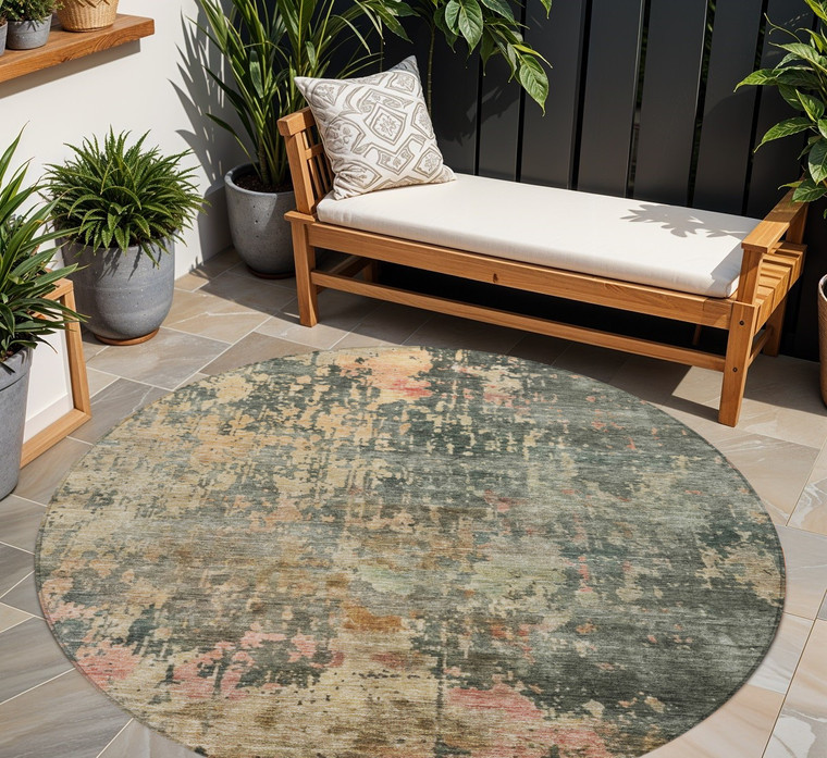 8' Sage Gray And Pink Round Abstract Washable Indoor Outdoor Area Rug
