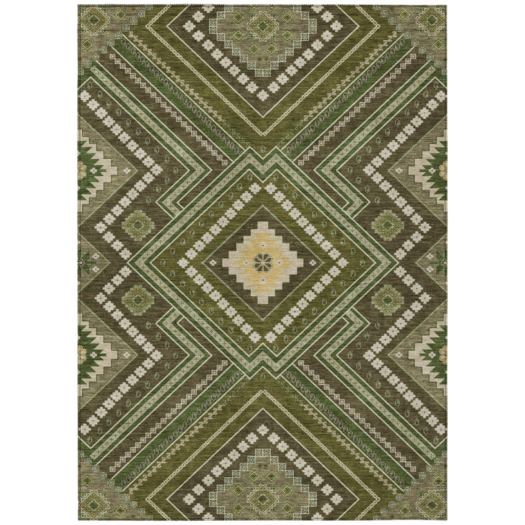 9' X 12' Olive Green Gray And Ivory Tribal Washable Indoor Outdoor Area Rug