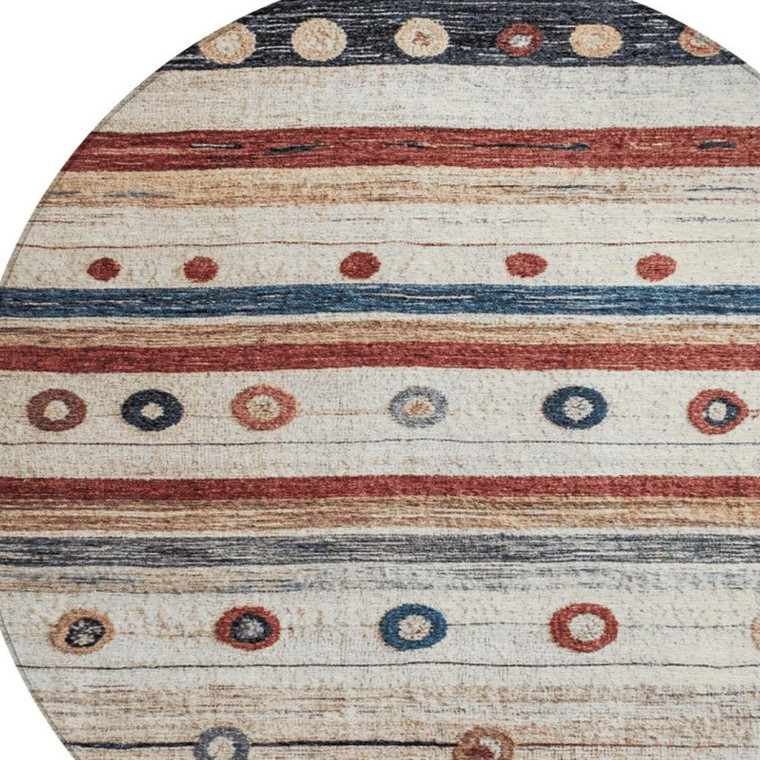 8' Beige Rust And Navy Blue Round Striped Washable Indoor Outdoor Area Rug