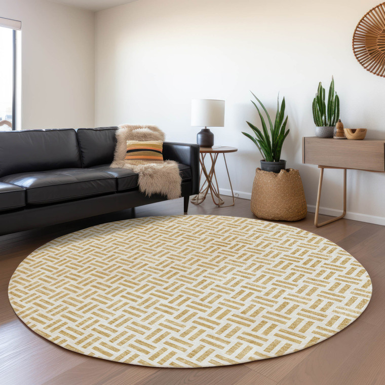 8' Gold And Ivory Round Geometric Washable Indoor Outdoor Area Rug - Gold, Ivory