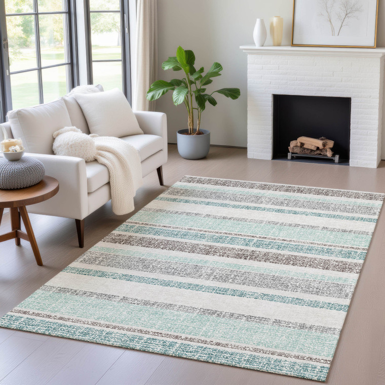 8' X 10' Teal Blue And Gray Striped Washable Indoor Outdoor Area Rug - Teal Blue, Gray