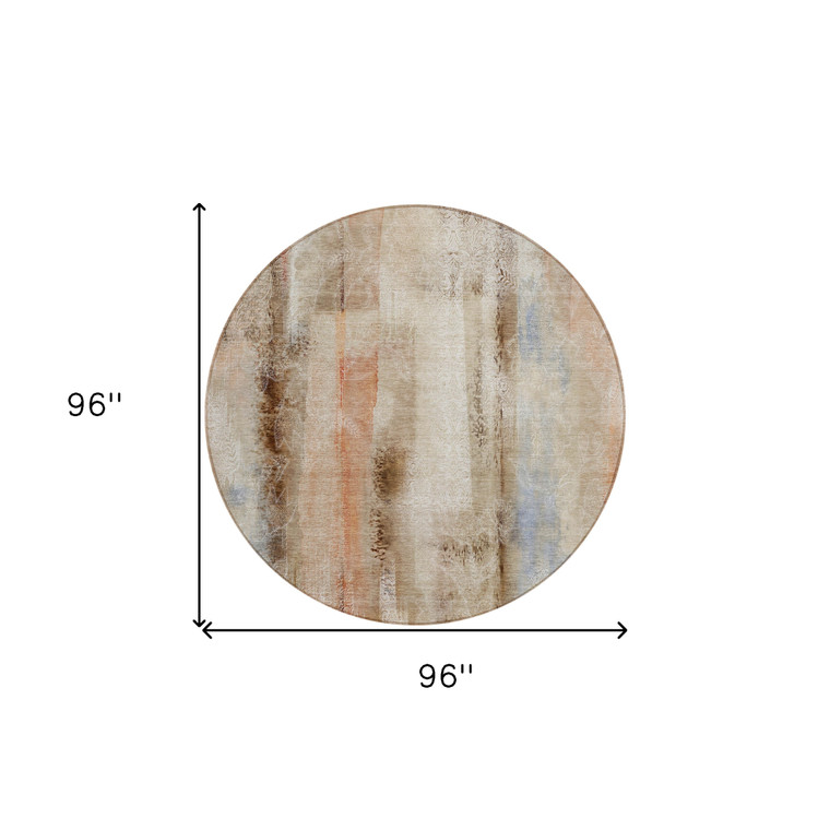 8' Round Beige and Brown Round Washable Non Skid Indoor Outdoor Area Rug