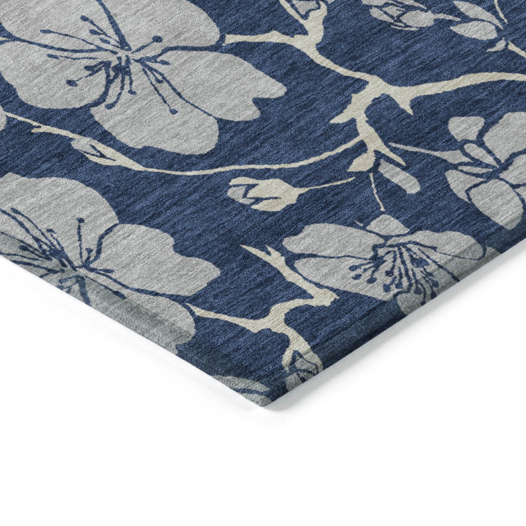 10' X 14' Navy Blue And Gray Floral Washable Indoor Outdoor Area Rug - Navy Blue, Gray