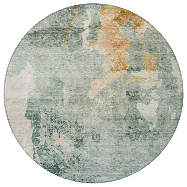 8' Blue Copper And Gray Round Abstract Washable Indoor Outdoor Area Rug