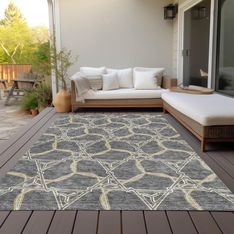 9' X 12' Charcoal And Gold Geometric Washable Indoor Outdoor Area Rug