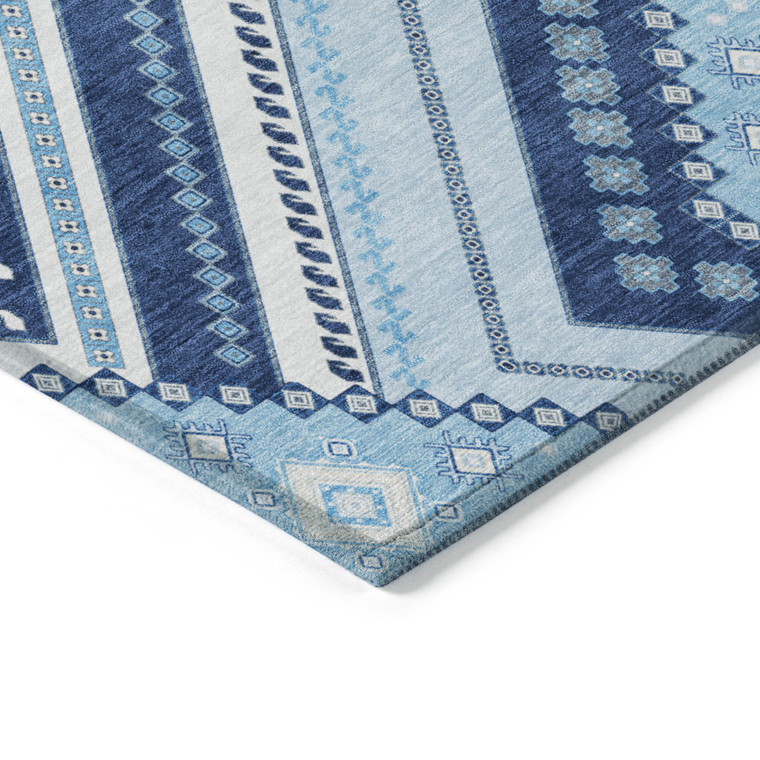 10' X 14' Navy Blue Aqua And Ivory Tribal Washable Indoor Outdoor Area Rug