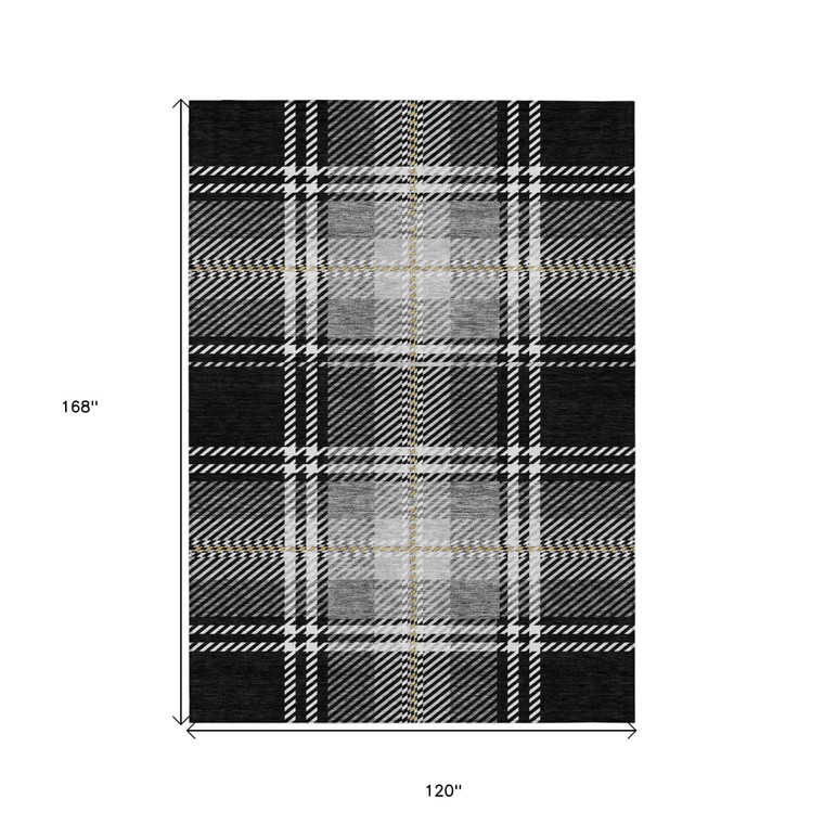 10' X 14' Black Gold And Gray Plaid Washable Indoor Outdoor Area Rug