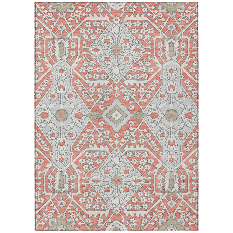 9' X 12' Salmon Gray And Taupe Floral Washable Indoor Outdoor Area Rug