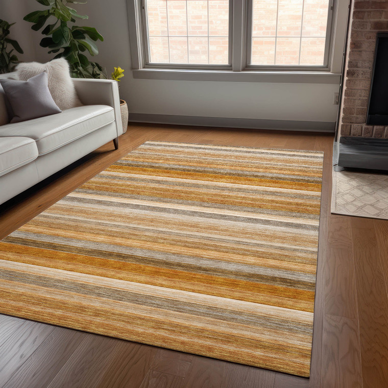 8' X 10' Brown and Orange Striped Washable Non Skid Indoor Outdoor Area Rug - 608219280901