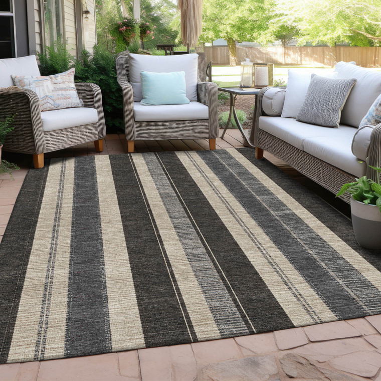 9' X 12' Black And Ivory Striped Washable Indoor Outdoor Area Rug - Black, Ivory