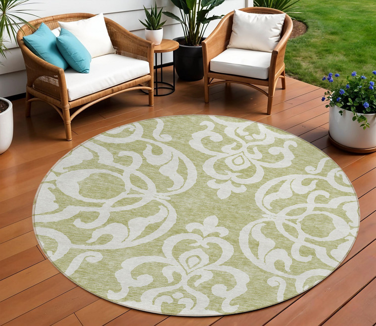 8' Sage And Ivory Round Damask Washable Indoor Outdoor Area Rug