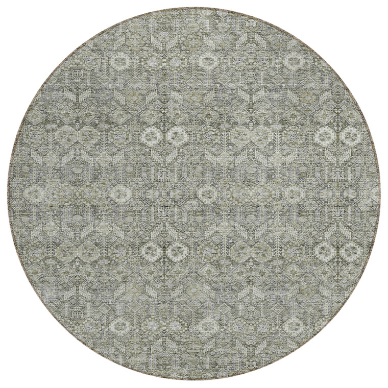 8' Round Cream and Tan Round Floral Washable Non Skid Indoor Outdoor Area Rug