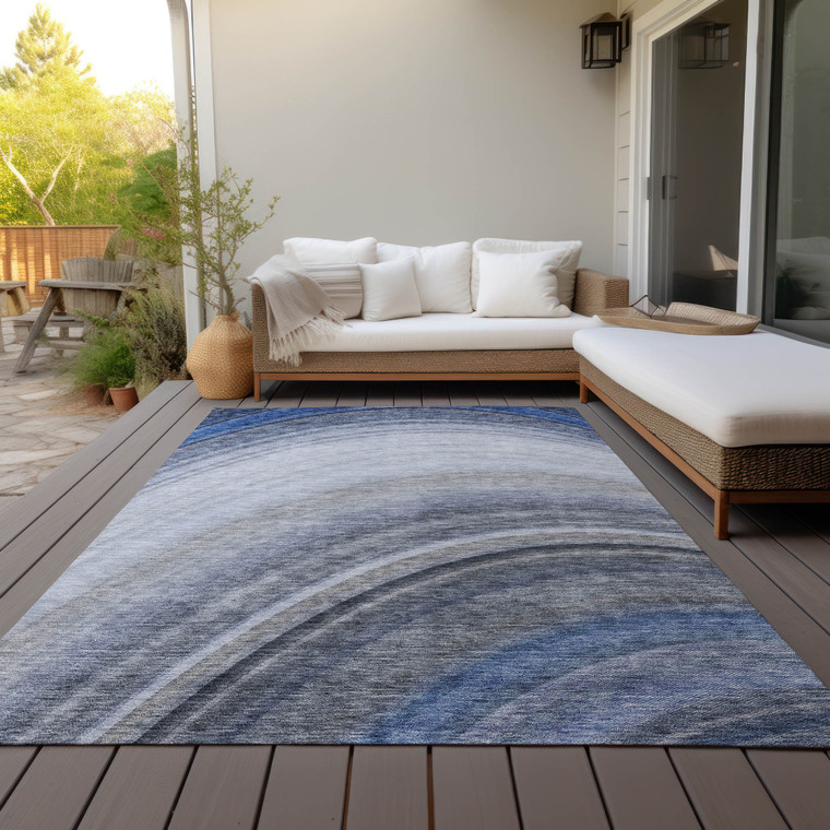 8' X 10' Denim Blue And Navy Blue Abstract Washable Indoor Outdoor Area Rug