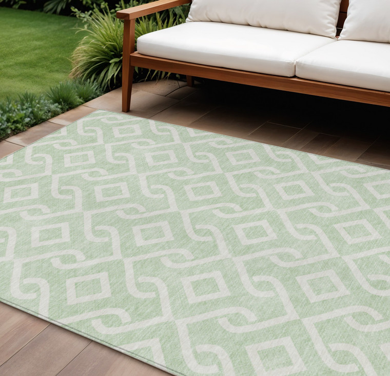10' X 14' Mint Green And Ivory Geometric Washable Indoor Outdoor Area Rug - Mint Green, Ivory