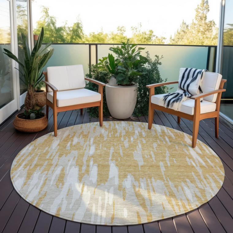 8' Gold And Ivory Round Abstract Washable Indoor Outdoor Area Rug Transitional Style - Gold, Ivory Color
