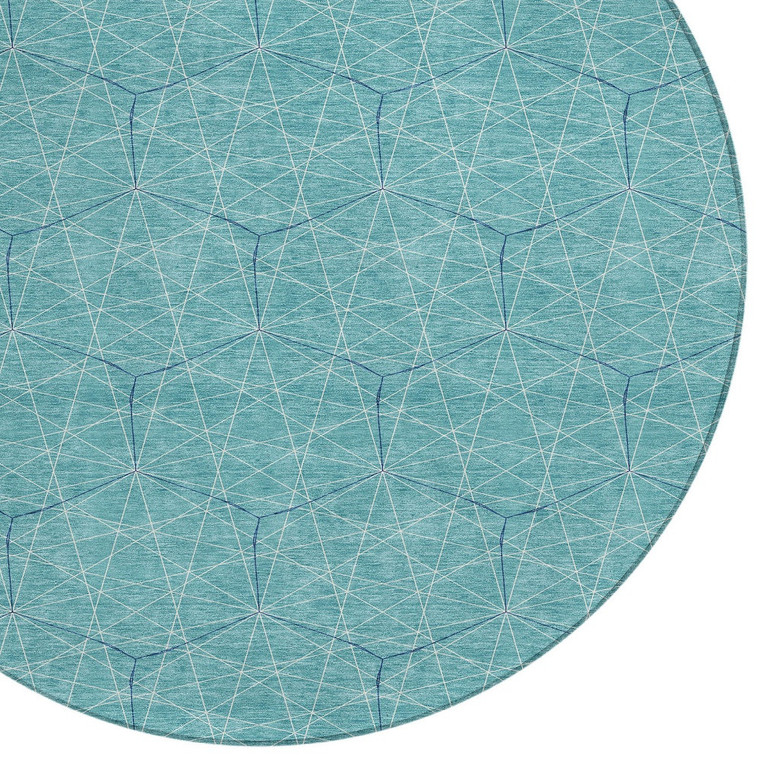 8' Teal Blue Black And Ivory Round Geometric Washable Indoor Outdoor Area Rug