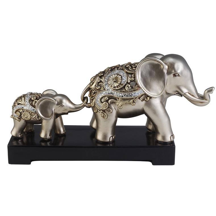 6" Silver Polyresin Elephant Parent and Child Sculpture - 606114539407