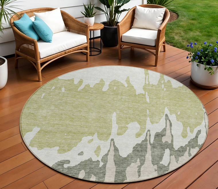 8' Sage And Ivory Round Abstract Washable Indoor Outdoor Area Rug - Sage, Ivory