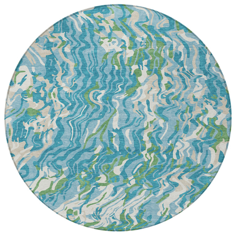 8' Teal Blue Ivory And Green Round Abstract Washable Indoor Outdoor Area Rug