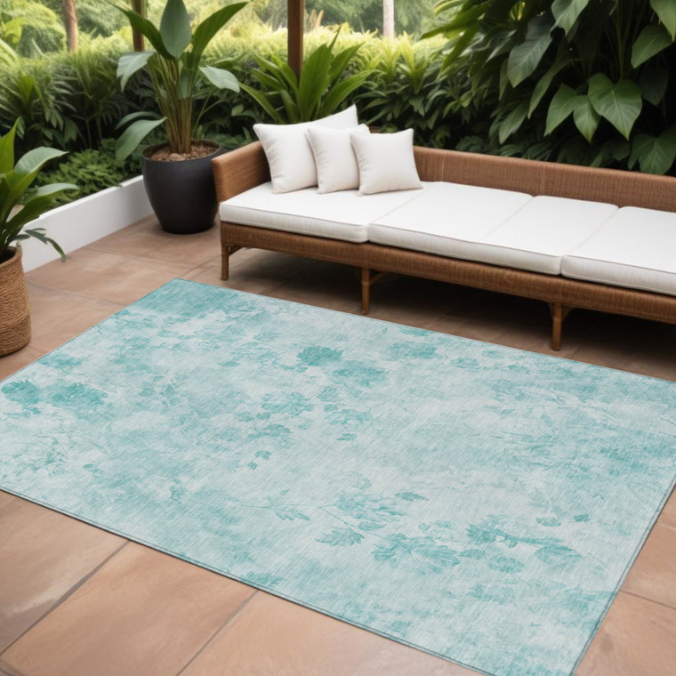 10' X 14' Aqua Teal Blue And Ivory Floral Washable Indoor Outdoor Area Rug