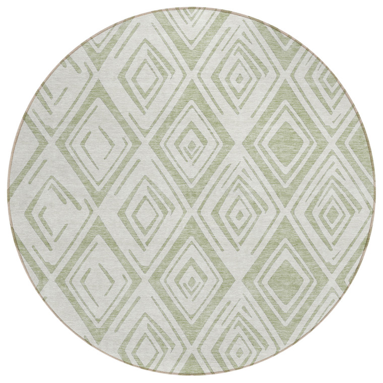 8' Artichoke Green And Ivory Round Geometric Washable Indoor Outdoor Area Rug Transitional Style - Artichoke Green, Ivory Color