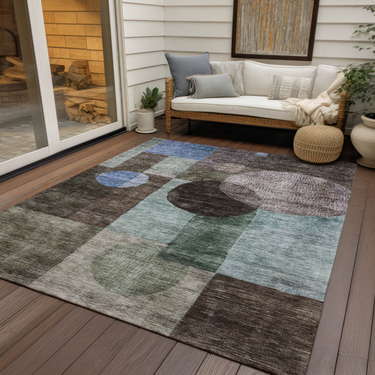 8' X 10' Brown Blue And Green Geometric Washable Indoor Outdoor Area Rug