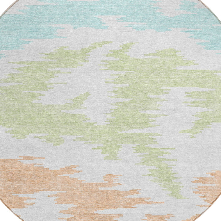 8' White Sky Blue And Artichoke Green Round Abstract Washable Indoor Outdoor Area Rug