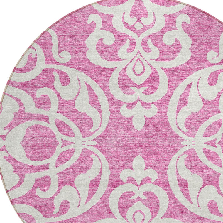 8' Blush And Ivory Round Damask Washable Indoor Outdoor Area Rug