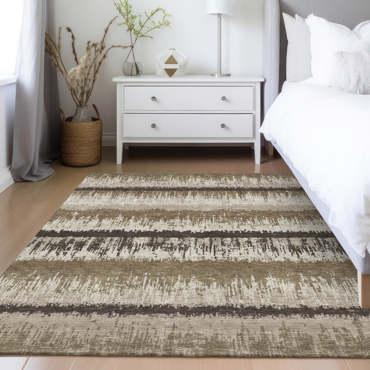 9' X 12' Brown Beige And Ivory Striped Washable Indoor Outdoor Area Rug - Brown, Beige, Ivory