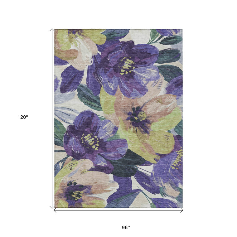 8' X 10' Purple And Lavender Floral Washable Indoor Outdoor Area Rug - Purple, Lavender