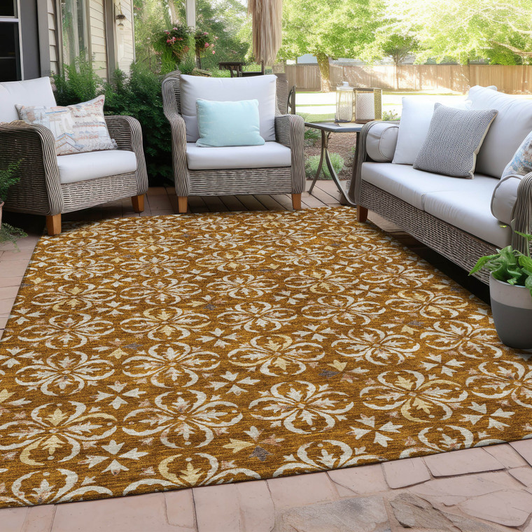 8' X 10' Copper And Beige Floral Washable Indoor Outdoor Area Rug Transitional Style - Copper, Beige Color