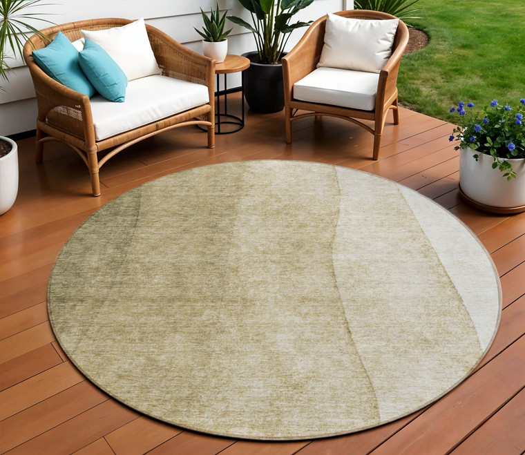 8' Taupe Beige And Ivory Round Ombre Washable Indoor Outdoor Area Rug