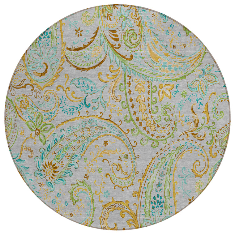 8' Round Gray and Gold Round Paisley Washable Non Skid Indoor Outdoor Area Rug